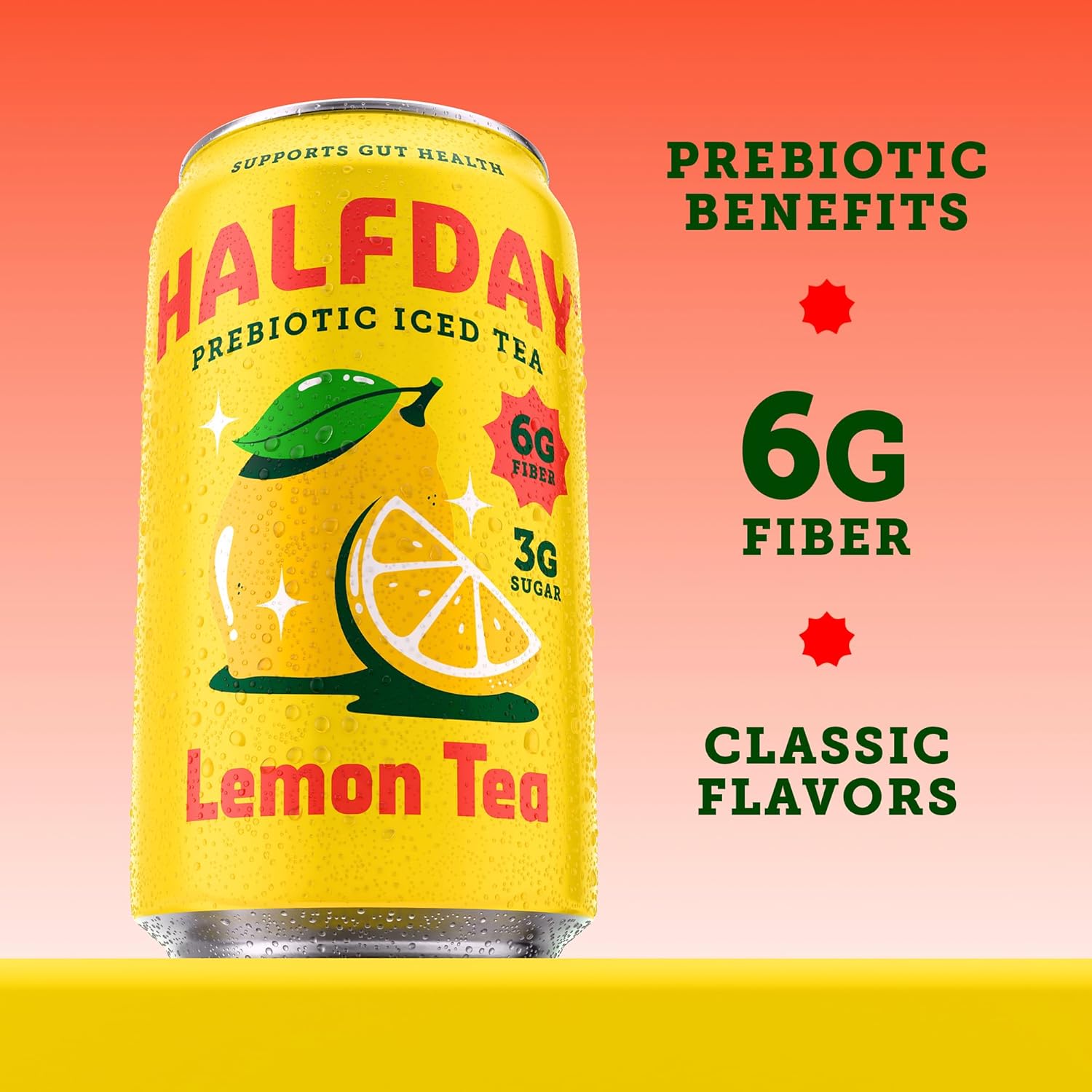 HALFDAY Prebiotic Lemon Iced Tea Cans, Supports Digestive & Gut Health, 6g Plant Fiber & Prebiotics, Low Sugar, 35 Calories, Real Brewed Tea, Natural Caffeine, Gluten Free, Keto, 12 fl oz (12 pack) Packaging May Vary