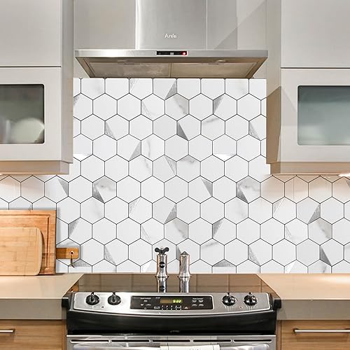 Miniatura 3 de Azulejos hexagonales de 20 hojas para despegar y pegar, 12.2 x 11.34 pulgadas, mármol beige, azulejos de pared de PVC 3D mezclados de mármol beige