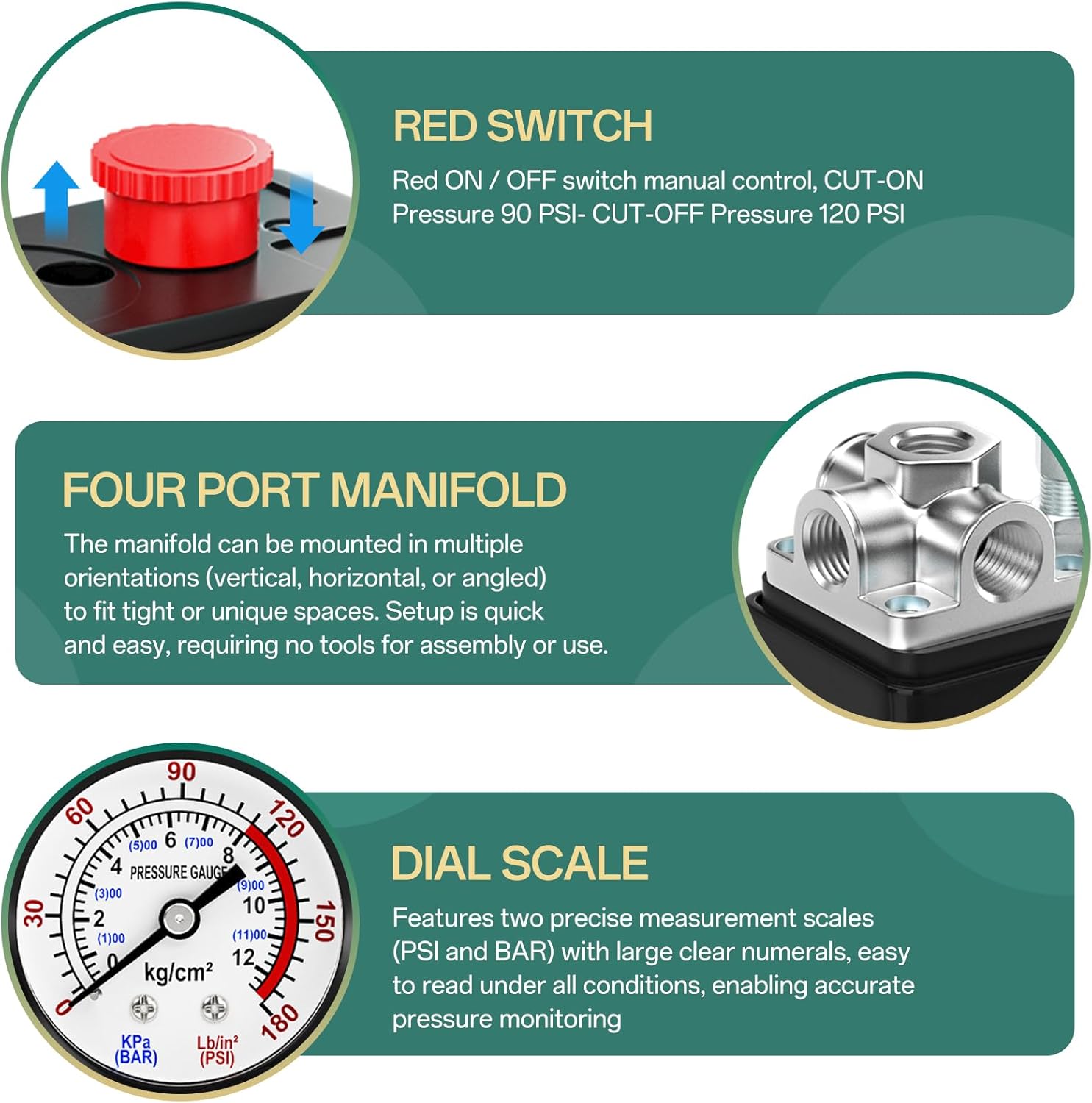 4 Way Air Compressor Pressure Switch Control Valve Kit 90-120 PSI, 1/4" NPT Port, 110V-240V, 0-180 Pressure gauge with 4 Way Valve Air Pressure Regulator