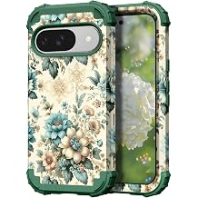 Hocase for Google Pixel 9 Case, Shockproof Heavy Duty Protection Hard Plastic+Silicone Rubber Bumper Hybrid Protective Case for Google Pixel 9/9 Pro 6.3" 2024 - Teal Blue Flowers