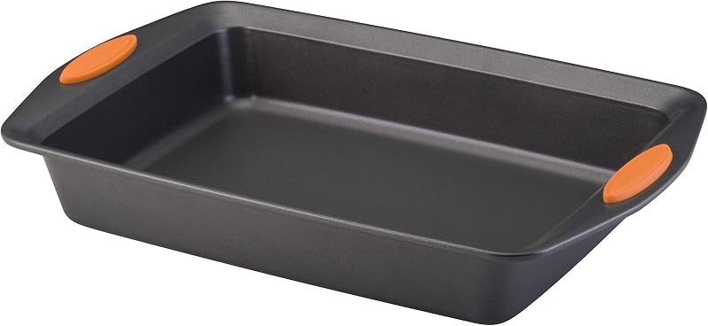Yum-o! Nonstick Bakeware Oven Lovin' Rectangle Cake Pan | Easy release, nonstick baking pan, 9-inch by 13-inch, gray with orange handles, oven safe to 500Â°F, rectangular baking pan