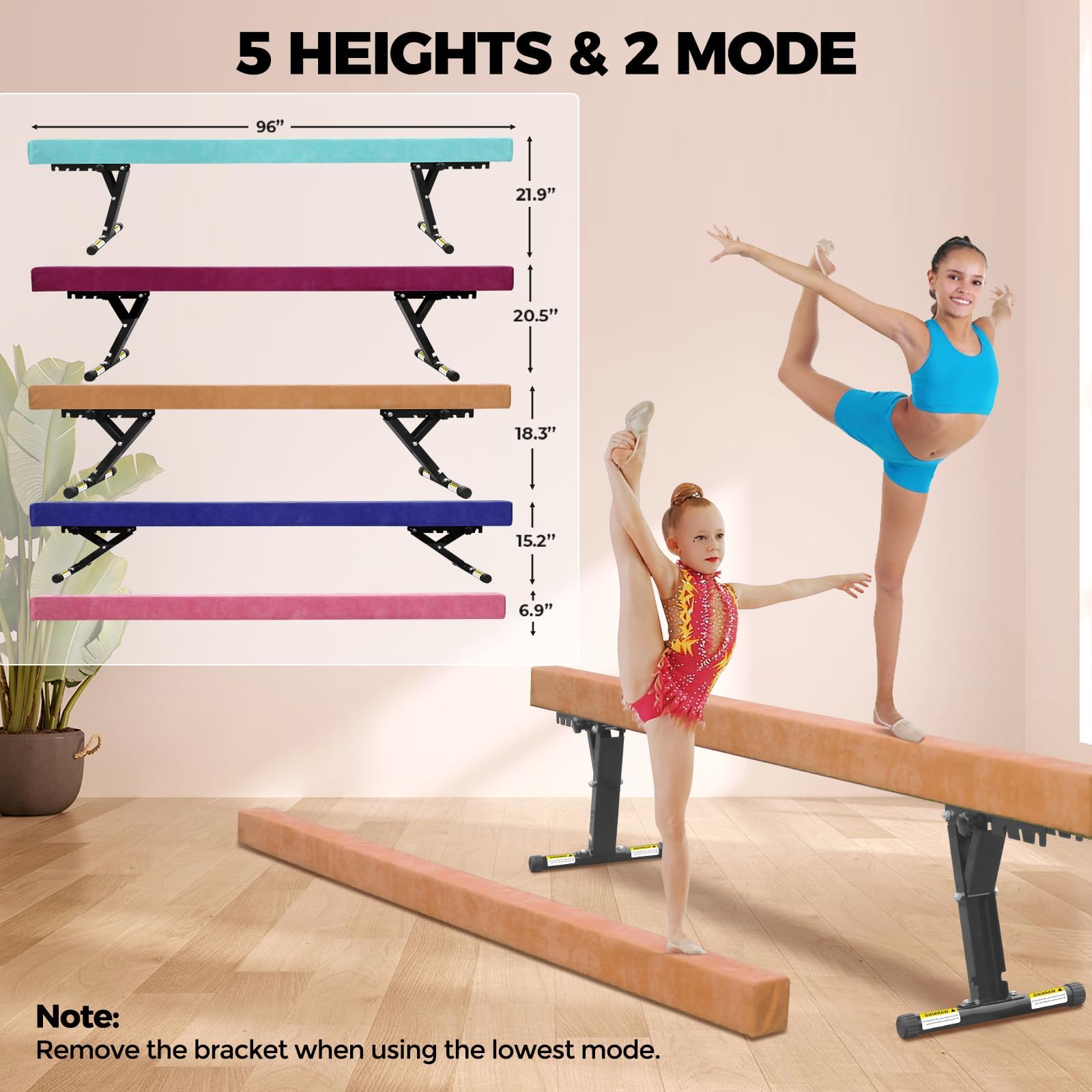 Poutre Gymnastique Enfant 244cm avec 5 Hauteurs Réglables, Niveau Haut et Bas, Poutre d'entraînement Gymnastique Equipement de Gymnastique pour Débutants et Gymnastes Professionnels avec Jambe