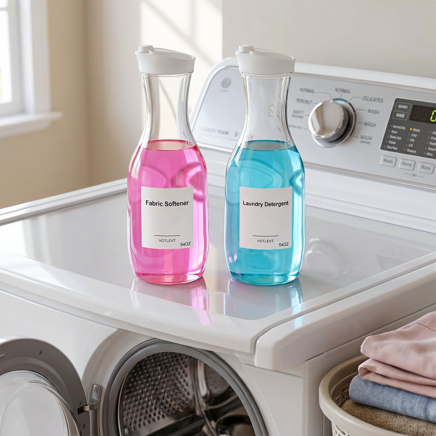 Dozownik detergentu do prania, dozownik mydła do prania, pojemnik i organizer na płynny detergent do prania, przezroczysty zmiękczacz do tkanin z tworzywa sztucznego i dozownik proszku do