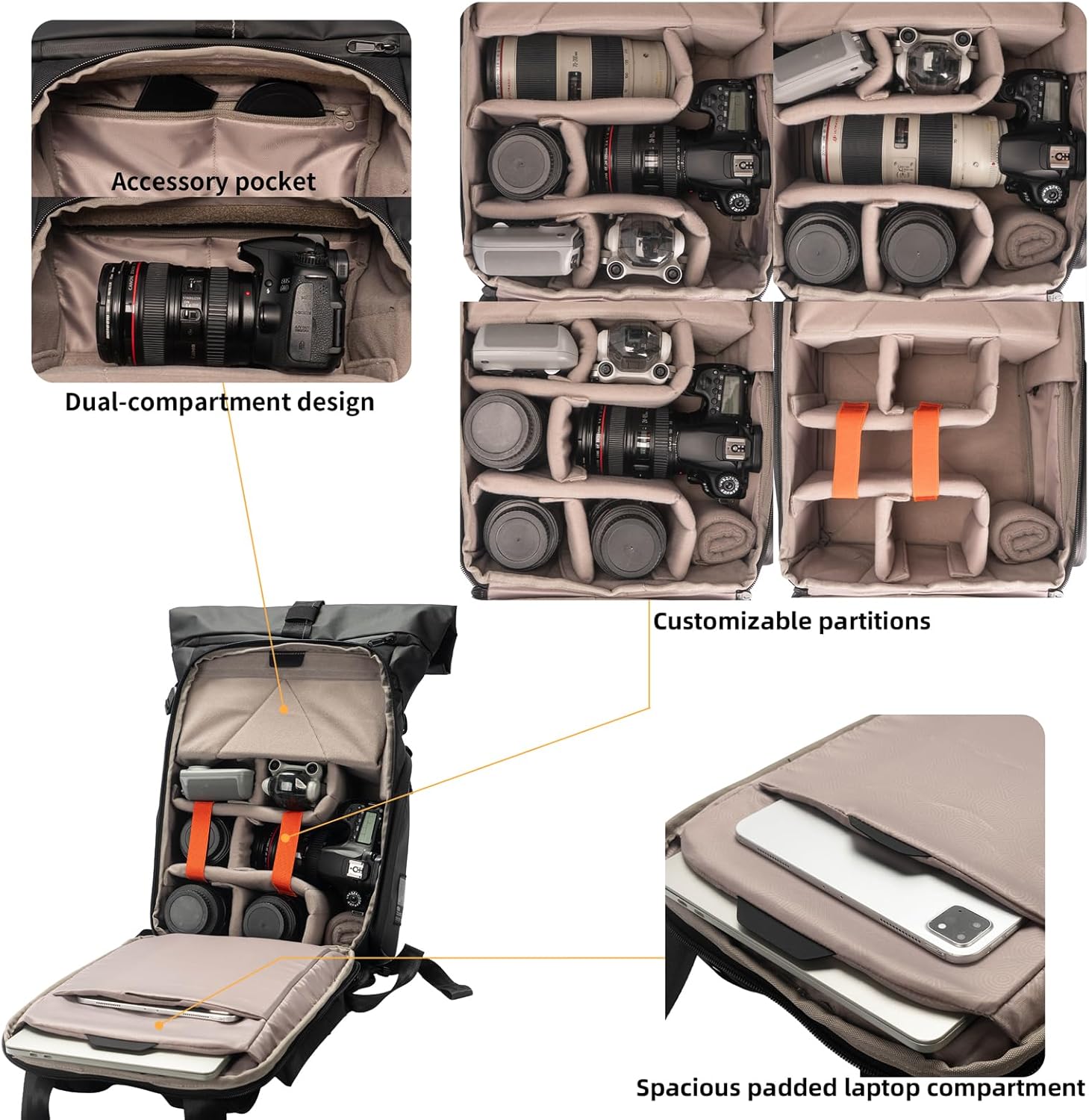 Besnfoto Hardshell Camera Backpack,DSLR SLR Mirrorless Camera Bag Waterproof with 15.6'' Laptop Compartment Tripod Holder Photography Camera Case Compatible for Canon/Nikon/Sony/Drone