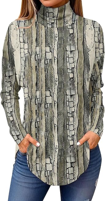 KIKX0DE Womens Casual Boho Print Turtle Necks Tunic Tops Long Sleeve Loose Fit Tshirts Basics Tee 2026 Spring Clothes