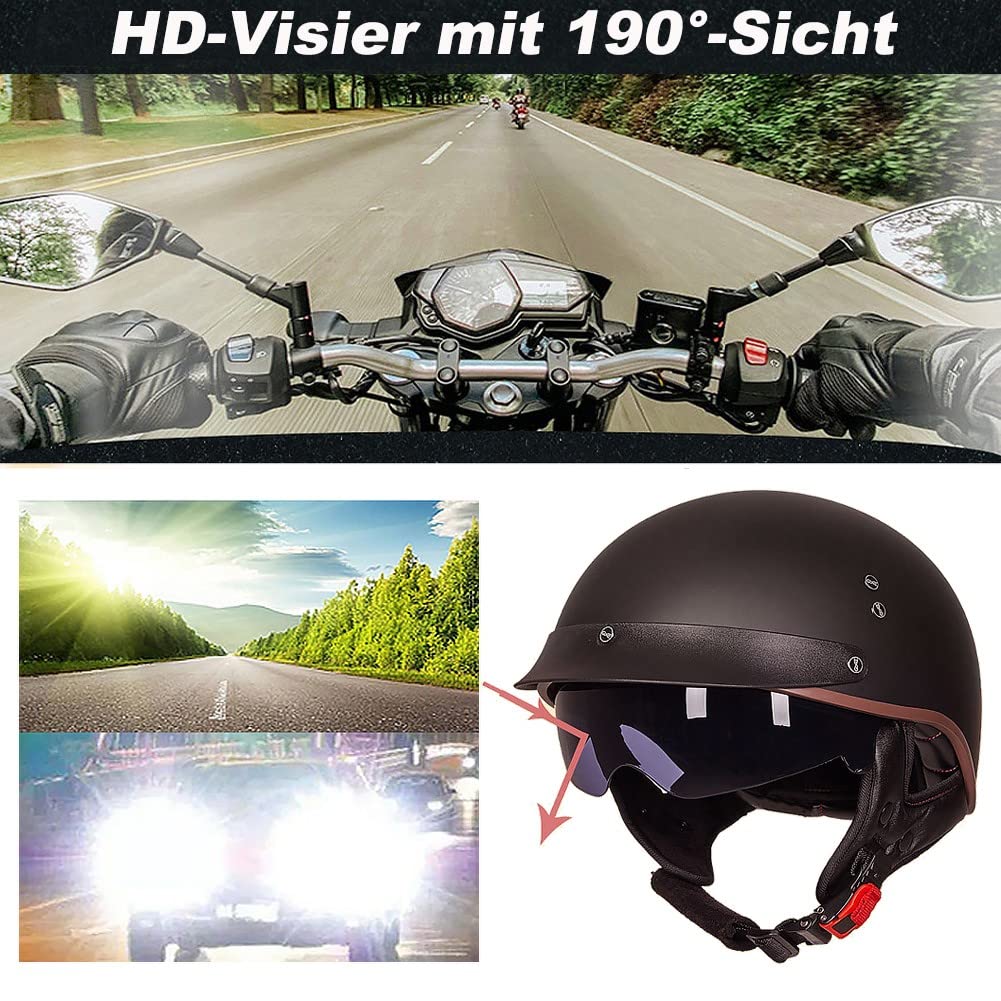 Halbschalenhelm mit ECE, Jethelm Retro, Chopper Helm, Retro Motorrad Helm, Scooter-Helm, Offenem Helm, mit Sonnenblende und Herausnehmbares Atmungsaktives Futter M~XXL 57~64CM