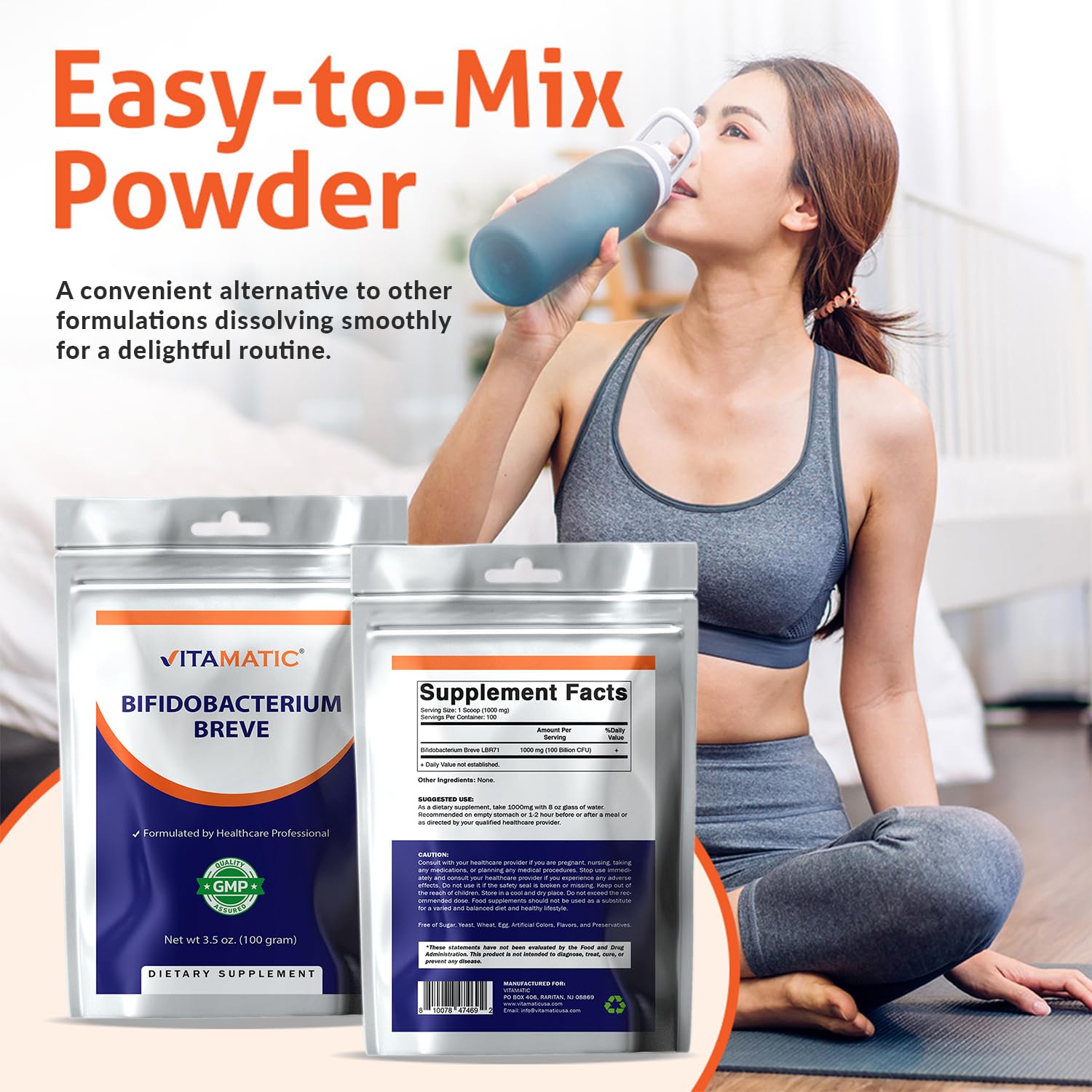 Vitamatic Bifidobacterium Breve Probiotic Powder - Digestive Health Support - 100 Gram (3.5 OZ) - 100 Servings