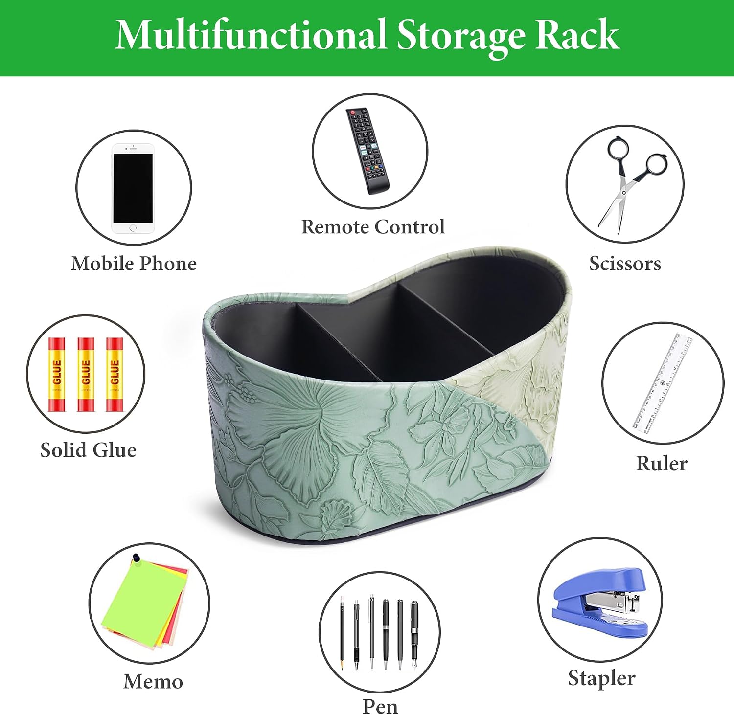 Two Leaves Shaped Leather Art Supply Organizer,Remote Control Holder,Multi-Functional Pencil Holder,3 Compartments Desktop Stationary Organizer(1-Green)
