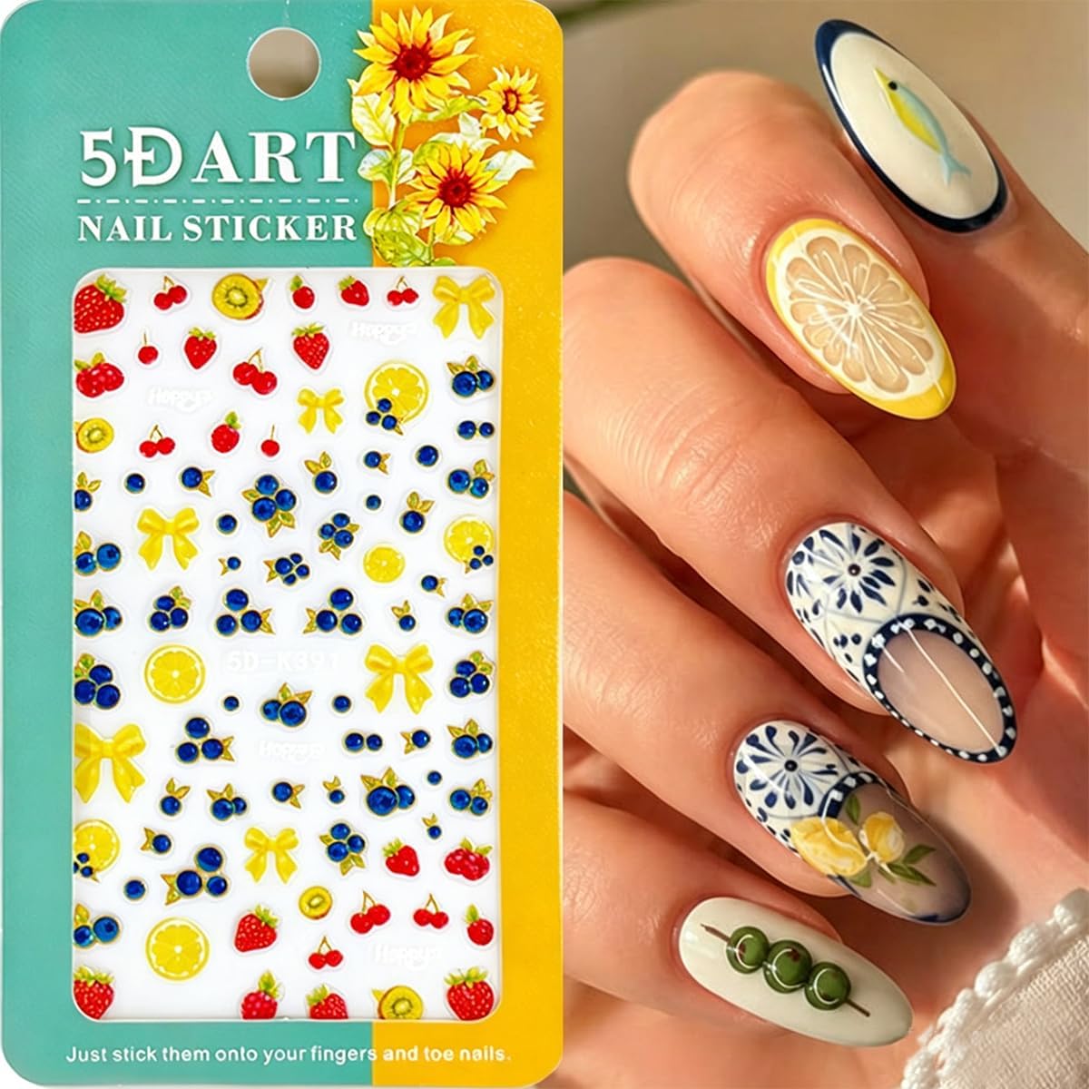 Summer Fruit Nail Art Stickers Blueberry Nail Decals 5D Embossed Self-Adhesive Strawberry Blueberry Lemon Kiwifruit Bow Nails Design 2PCS Summer Fruit Nail Art Supplies for Women Nail Decoration