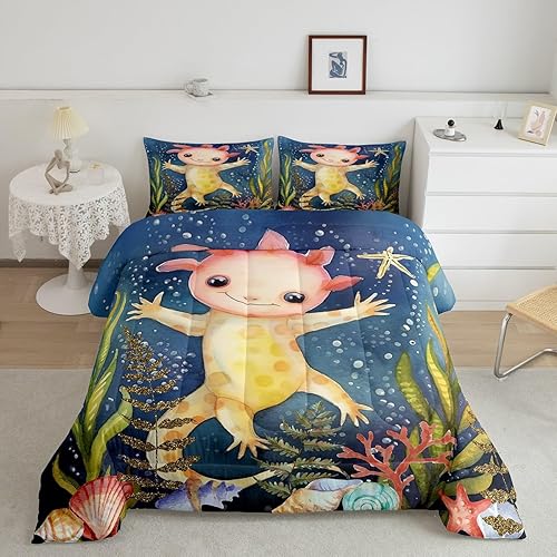 Erosebridal Lindo juego de edredón de ajolote individual para niños y niñas, diseño de Salamanda de dibujos animados, 2 piezas, edredón con temática