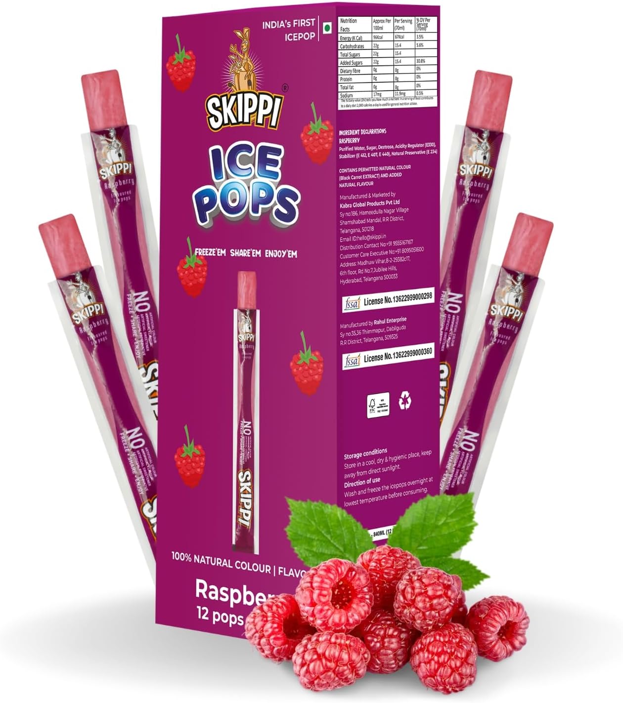 Skippi Ice Pops Raspberry Icepops | 90s Kids Candy | Vegan Popsicle Sticks | Fat Free Ice Candy - Raspberry Flavour (Box of 12 Pops)