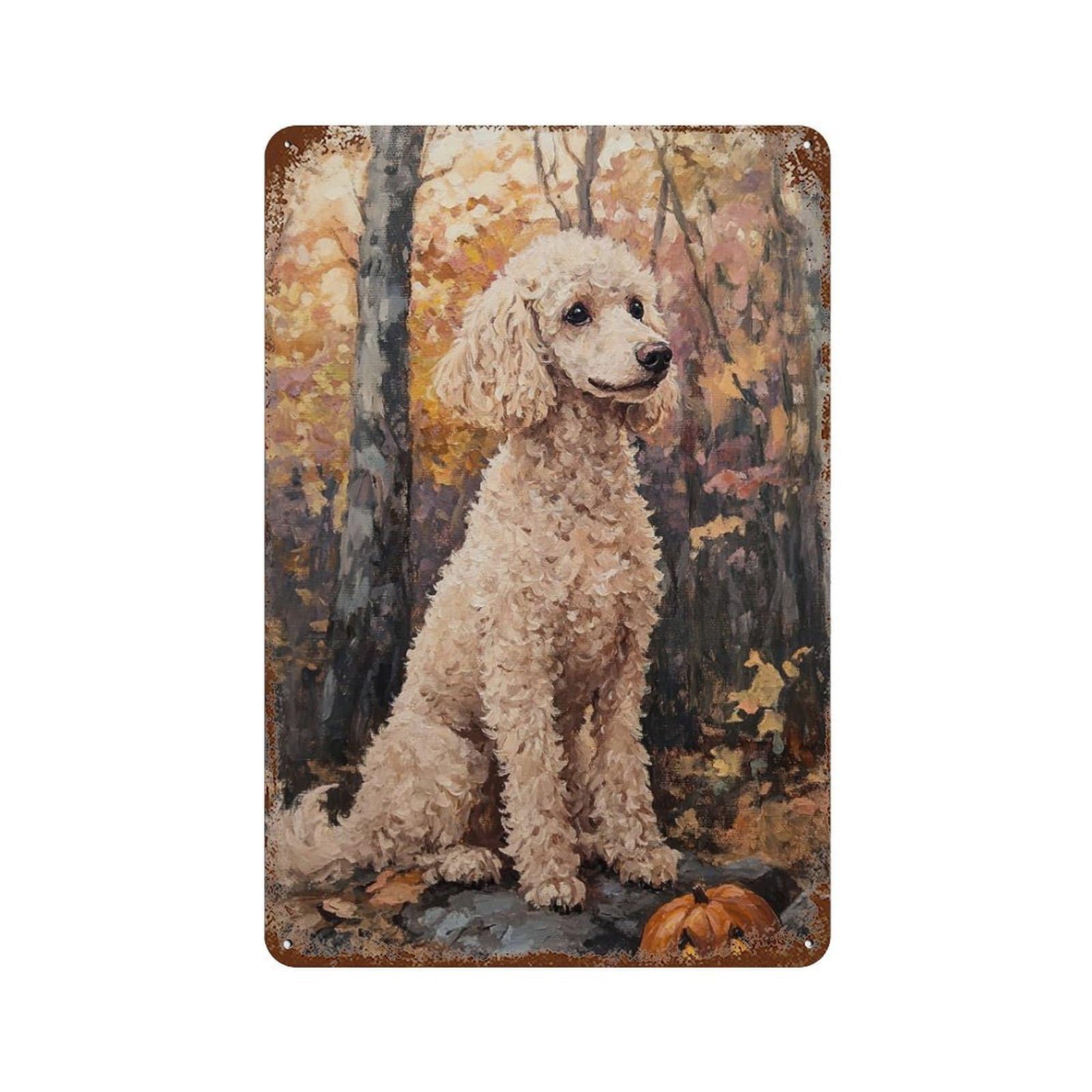 Poodle Pumpkin Fall Painting Rusty Metal Tin Sign 11.8"x7.9", Old School Wall Decor for Garage, Pub Or Kitchen