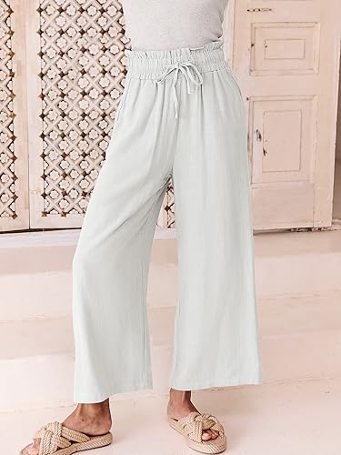 Miniatura 7 de ANRABESS - Pantalones de lino para mujer, informales, bohemios, de corte suelto, cintura alta, pierna ancha, pantalones de playa estilo palazzo