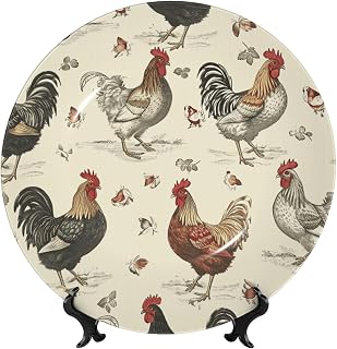 chickens art print Decorative Bone China Plate with Display Stand, Available in Sizes 6 to 10 Inches, Premium Ceramic Ornament for Home, Office, Kitchen Table, Wall Decor, 8in