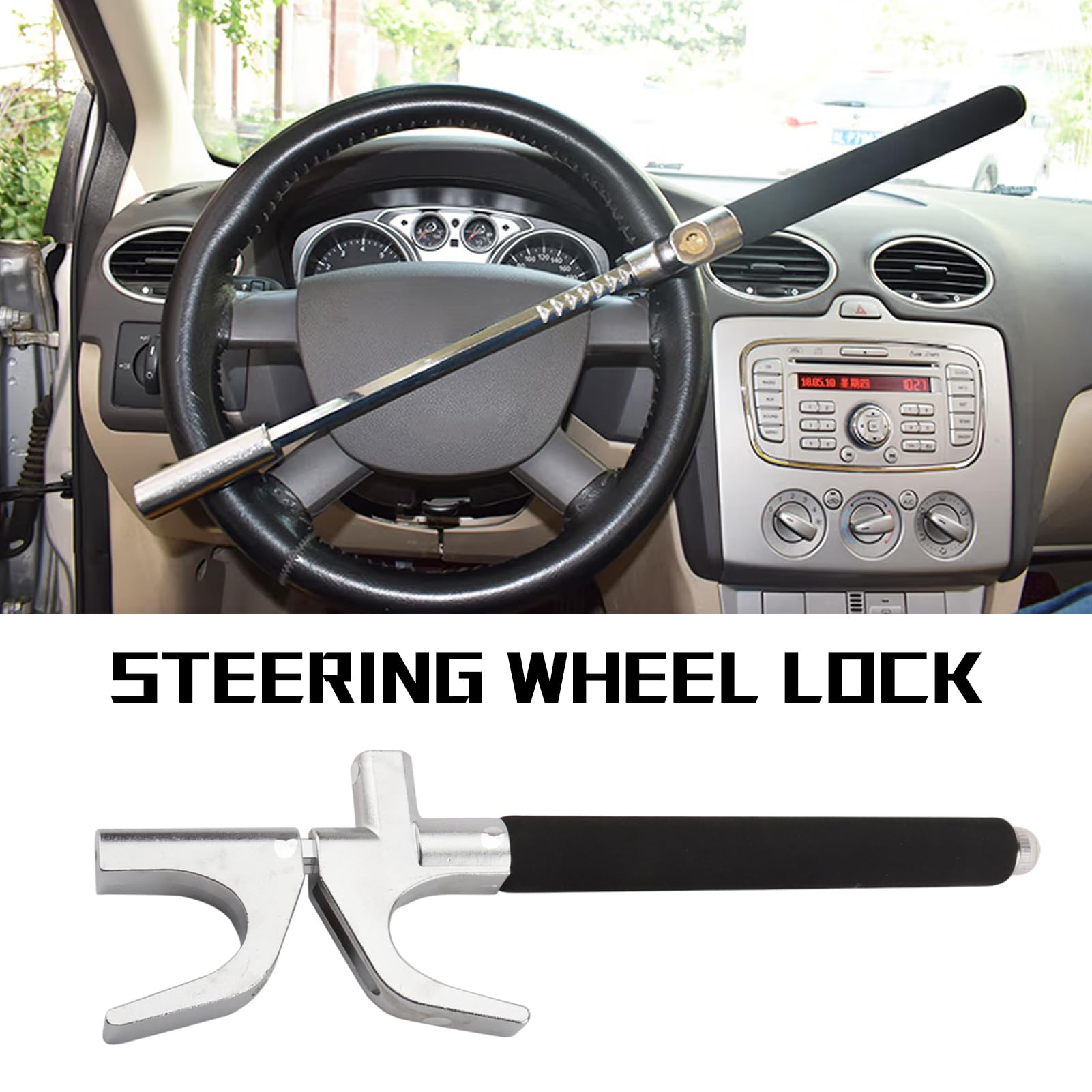 Shkalacar Barra Antirrobo Universal, Bloqueo Antirrobo para Volante Ajustable con 3 Llaves y Función de Martillo de Seguridad Apto para Todo Tipo de Coche