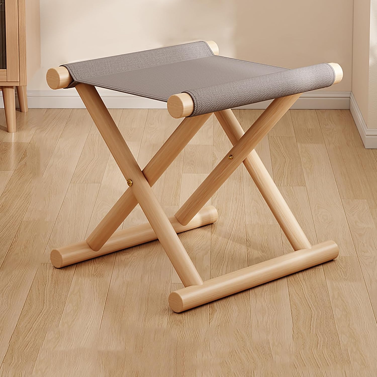 Foldable Wooden Stool with Cotton Linen Seat - X-Frame Design for Stability & Portability - Ideal for Indoor/Outdoor Use, Hiking, Picnics, BBQ