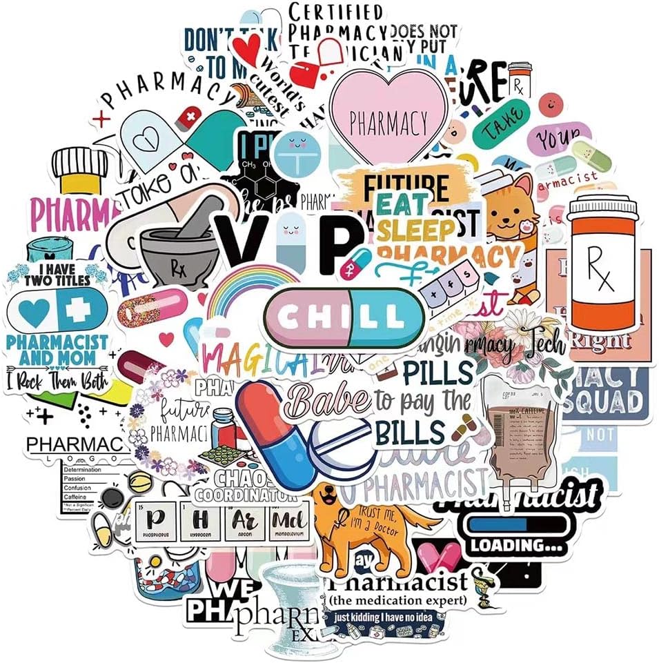 Pharmacy Stickers |50Pcs Pharmacist Apothecary Waterproof Vinyl Decals for Water Bottles Laptop Luggage Cup Computer Mobile Phone Skateboard Décor
