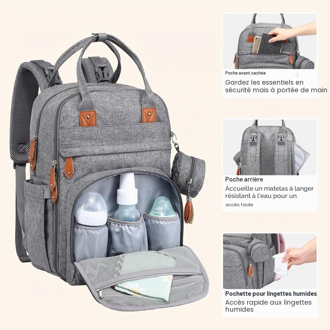 BabbleRoo Sac à Langer Bébé, Sac à Dos à Langer Grande Capacité Déperlant – 17 Poches, Tapis à Langer, Étui à Sucette Amovible, Sangles Poussette, Sac de Voyage Unisexe