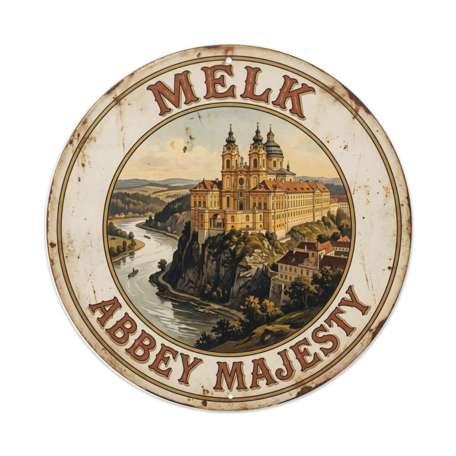 Vintage Travel Melk Austria Abbey Metal Tin Sign Plaque Wall Decor for Cafe, Club, Garden Round Metal Poster 8x8Inch