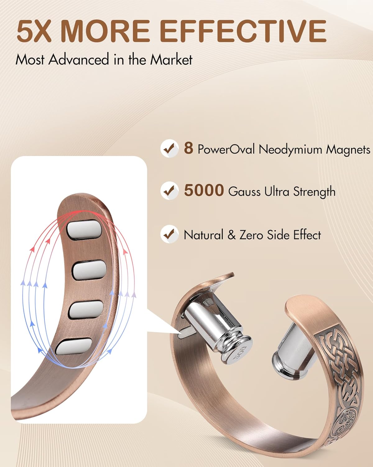 Feraco Copper Bracelet for Men, 5X Ultra Strength Magnetic Cuff Bangle with 5000 Gauss Neodymium Magnets, 99.99% Pure Copper Jewelry Gift, Adjustable - Image 3