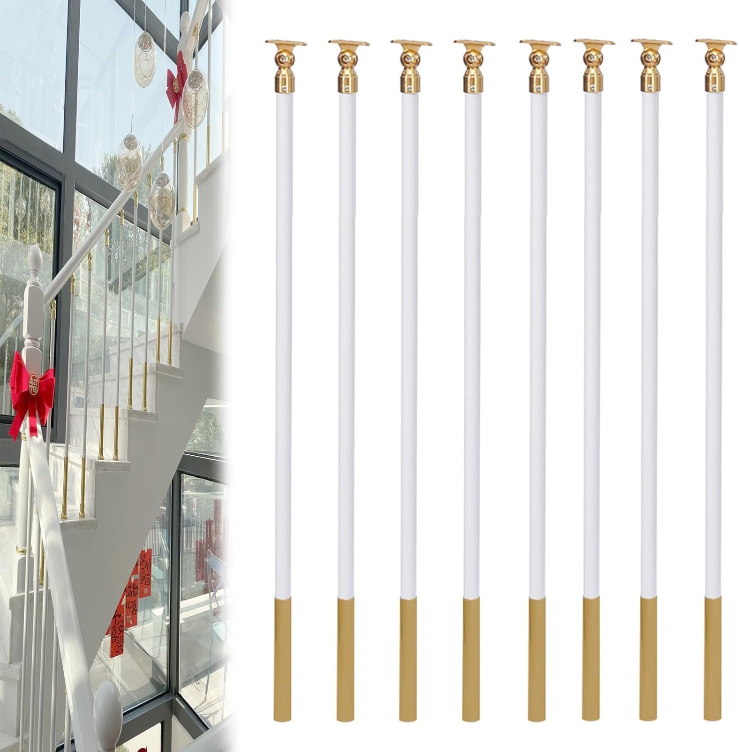ZAQYCM Home Villas Loft Staircase Balusters Spindles 37.4", Indoor Outdoor Stairs Round Banister Deck Railing Post with Flat Adjustable Brackets, Black White Gold(White,8 Pack)