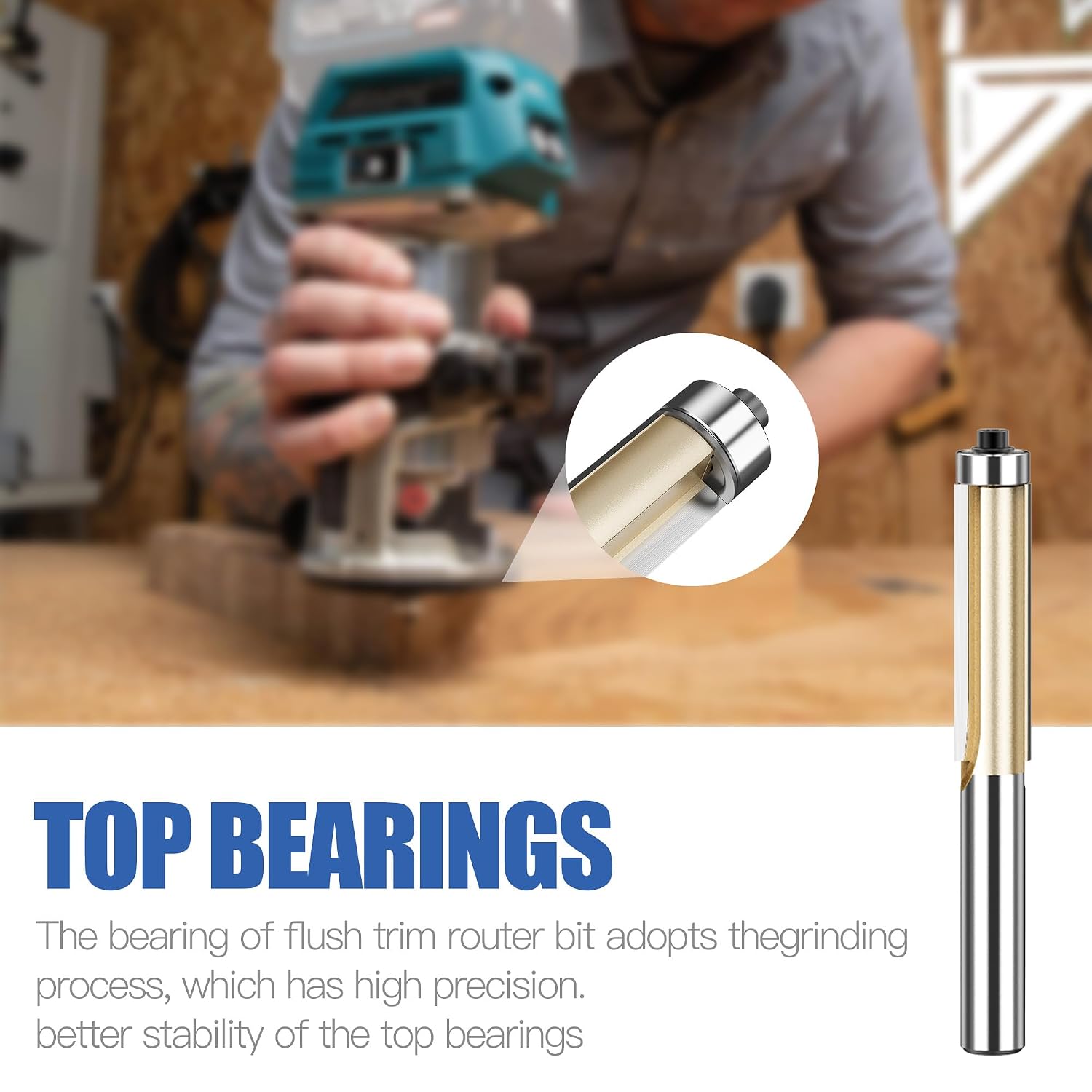 HUHAO Professional Straight Flush Trim Router Bits 1/4 Inch Shank, Top Bearing Flush Trim Router Bit Set, Cutting Height 1"