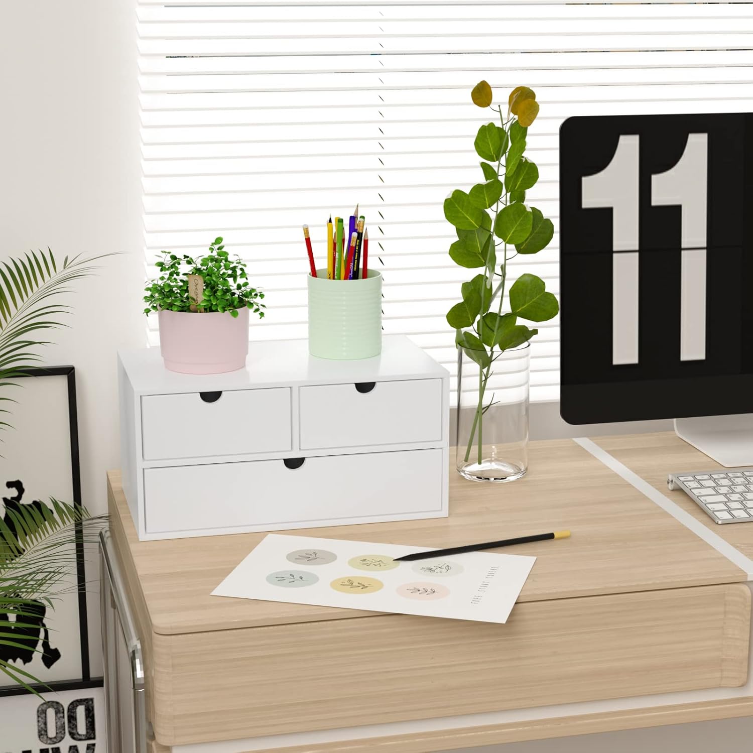 Wisuce Bamboo Desk Organizer – Mini Bamboo Desk Drawer Tabletop Cosmetic Storage Organization for Office or Home White