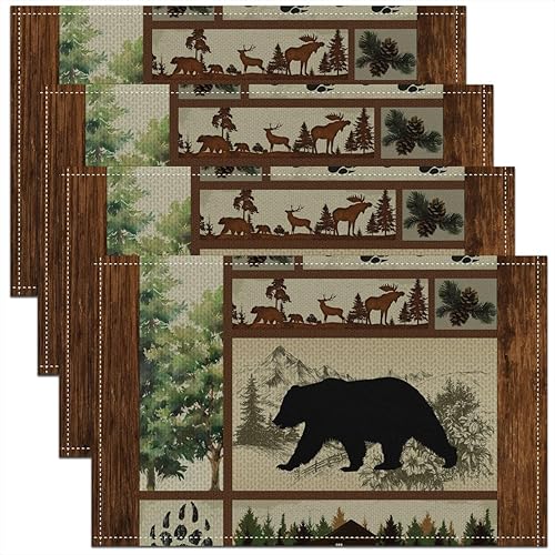Miniatura 9 de Juego de 4 manteles individuales con diseño de silueta de ciervo, cabaña y animales salvajes, tapetes de cocina para niños, adolescentes y adultos,