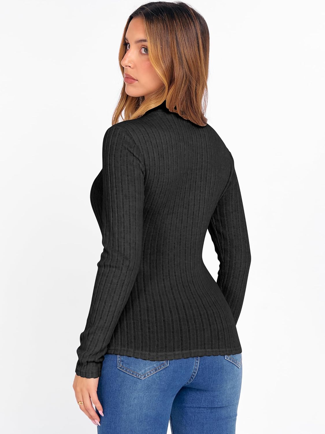 ANRABESS Women's Long Sleeve Tops Mock Neck Ribbed Knit Slim Fit Pleated Basic T Shirts Lightweight Sweater Going Out Clothes - Image 4