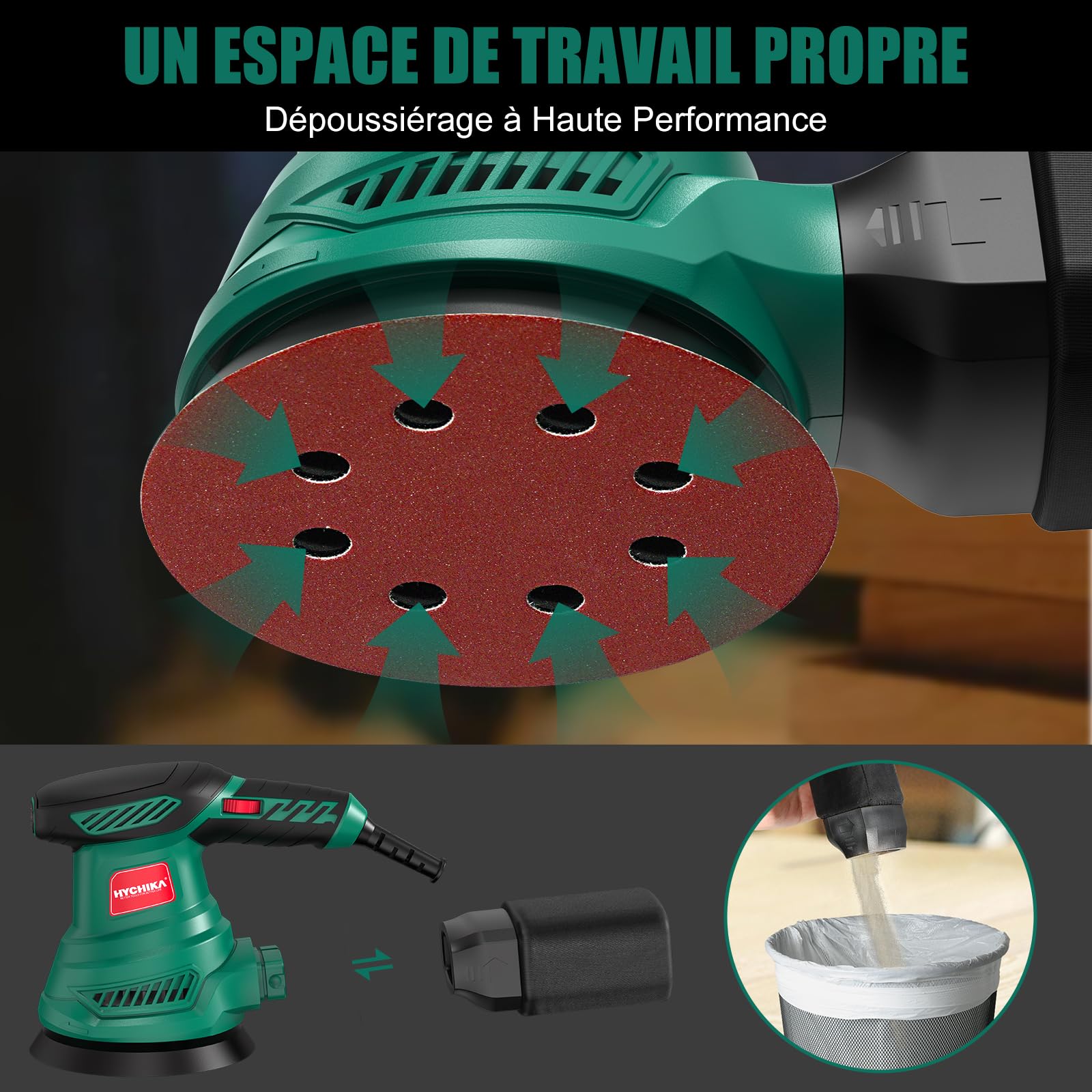 HYCHIKA Ponceuse Excentrique, 6 Vitesses Variables 300W 13000RPM Ponceuse Orbitale, 12Pcs Disque Abrasif 125mm, Ponceuse Bois avec Collecte de Poussière pour le Polissage du Ponçage du Bois