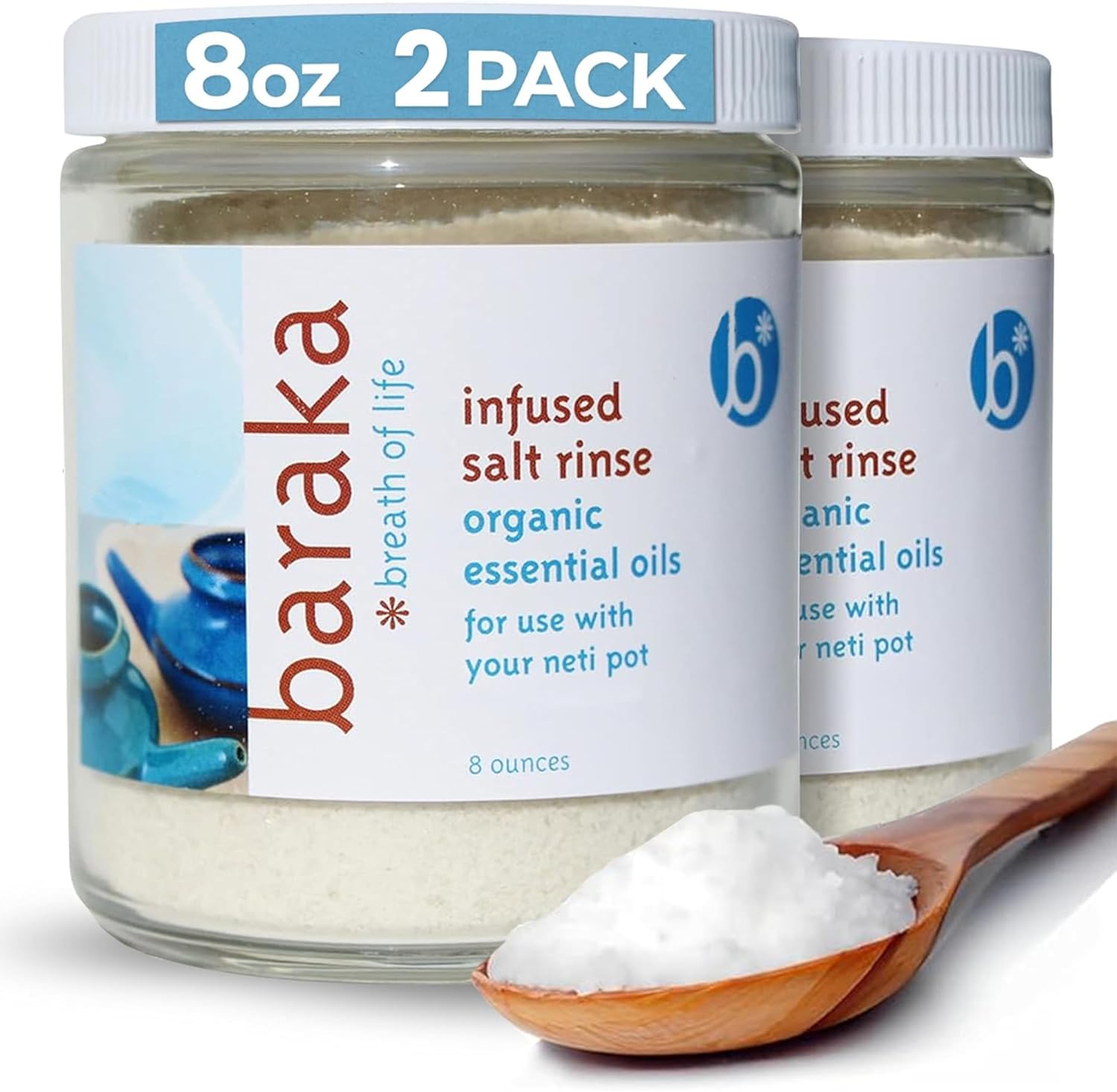 Baraka Infused Sea Salt - Sinus Rinse & Nose Cleaner, Nasal Rinse for Ceramic Neti Pot, Neti Salt w/Essential Oils of Virginia Cedarwood, Palmarosa, Green Myrtle, Fir Balsam & Rosemary - 8oz 2-Pack
