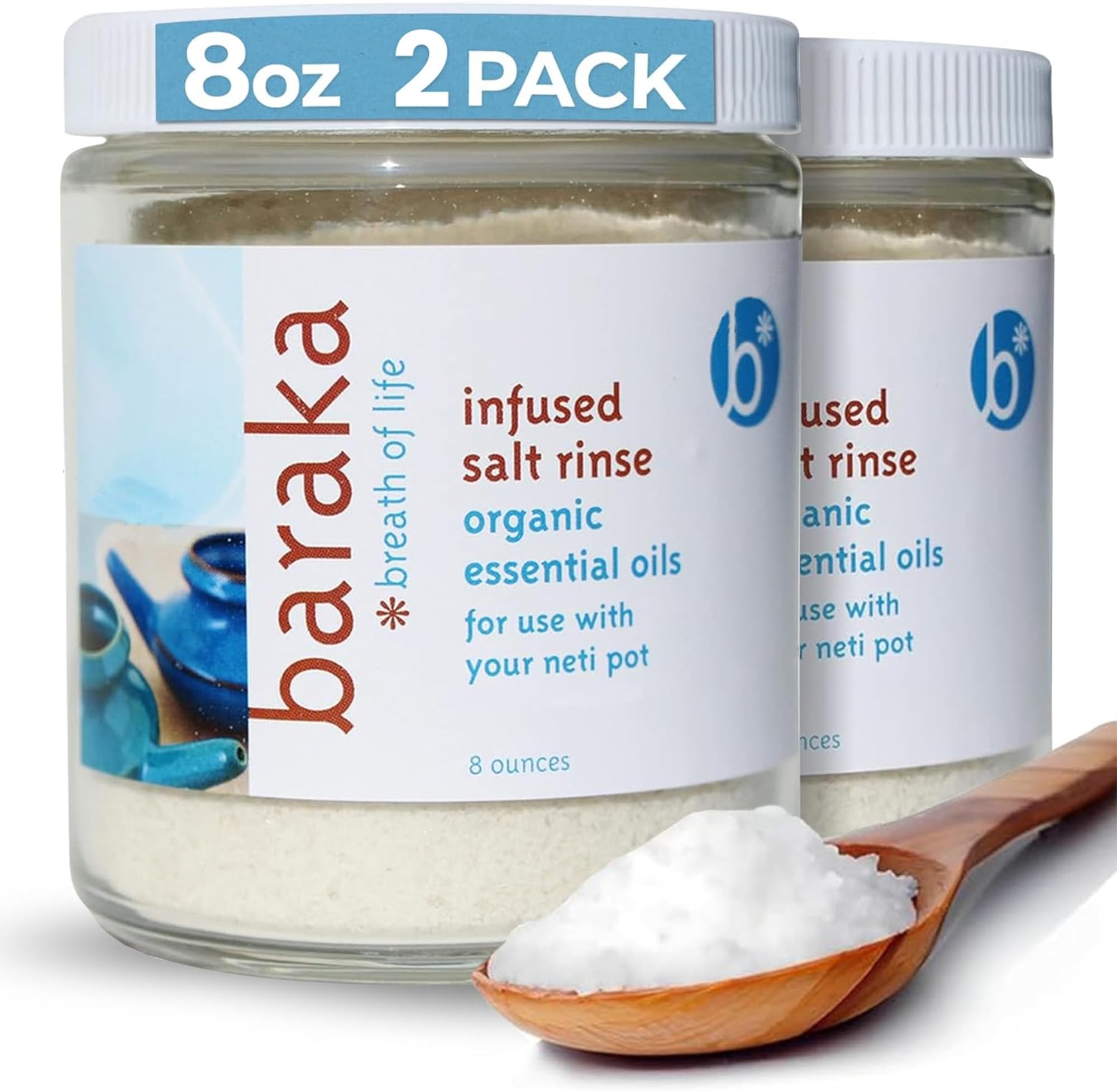 Baraka Infused Sea Salt - Sinus Rinse & Nose Cleaner, Nasal Rinse for Ceramic Neti Pot, Neti Salt w/Essential Oils of Virginia Cedarwood, Palmarosa, Green Myrtle, Fir Balsam & Rosemary - 8oz 2-Pack
