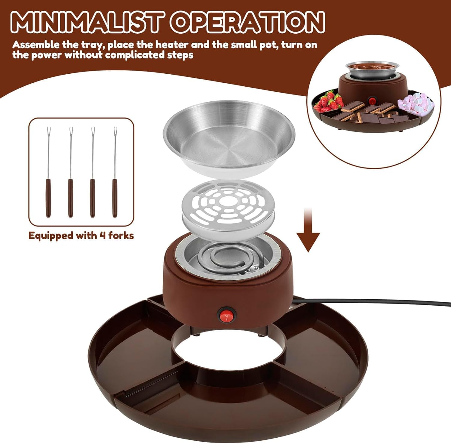 Kit Fondue au Chocolat - Machine à fondre sans flamme avec 4 fourchettes à tremper - Idéal pour les fêtes et soirées cinéma - Diamètre 30 cm