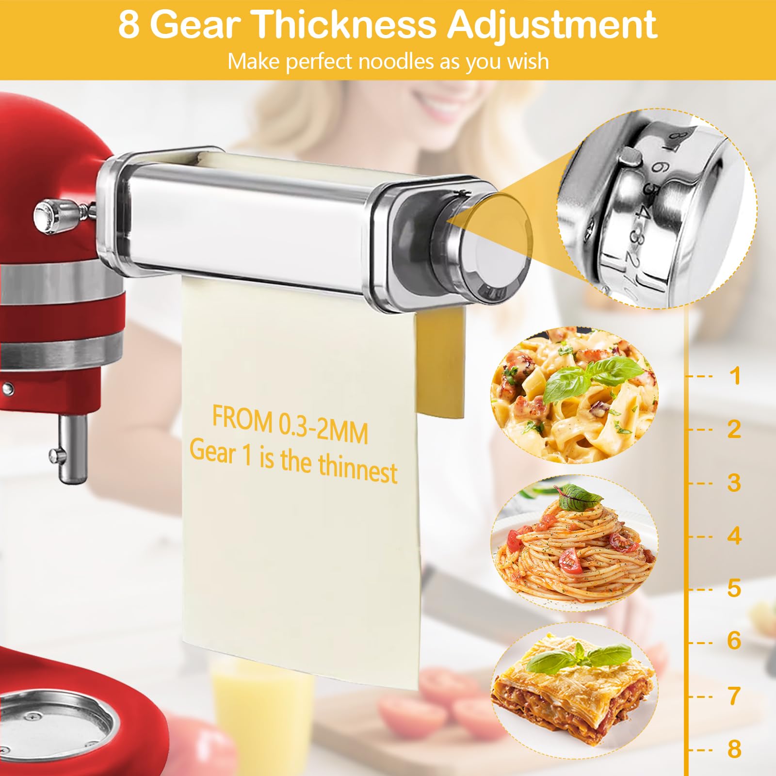 Set di accessori per la pasta, 3 pezzi, per robot da cucina Kenwood KVC/KVL, con rullo per spaghetti e fettuccine, accessorio per pasta in acciaio inox 304, con manopola, 8 spessori di impasto