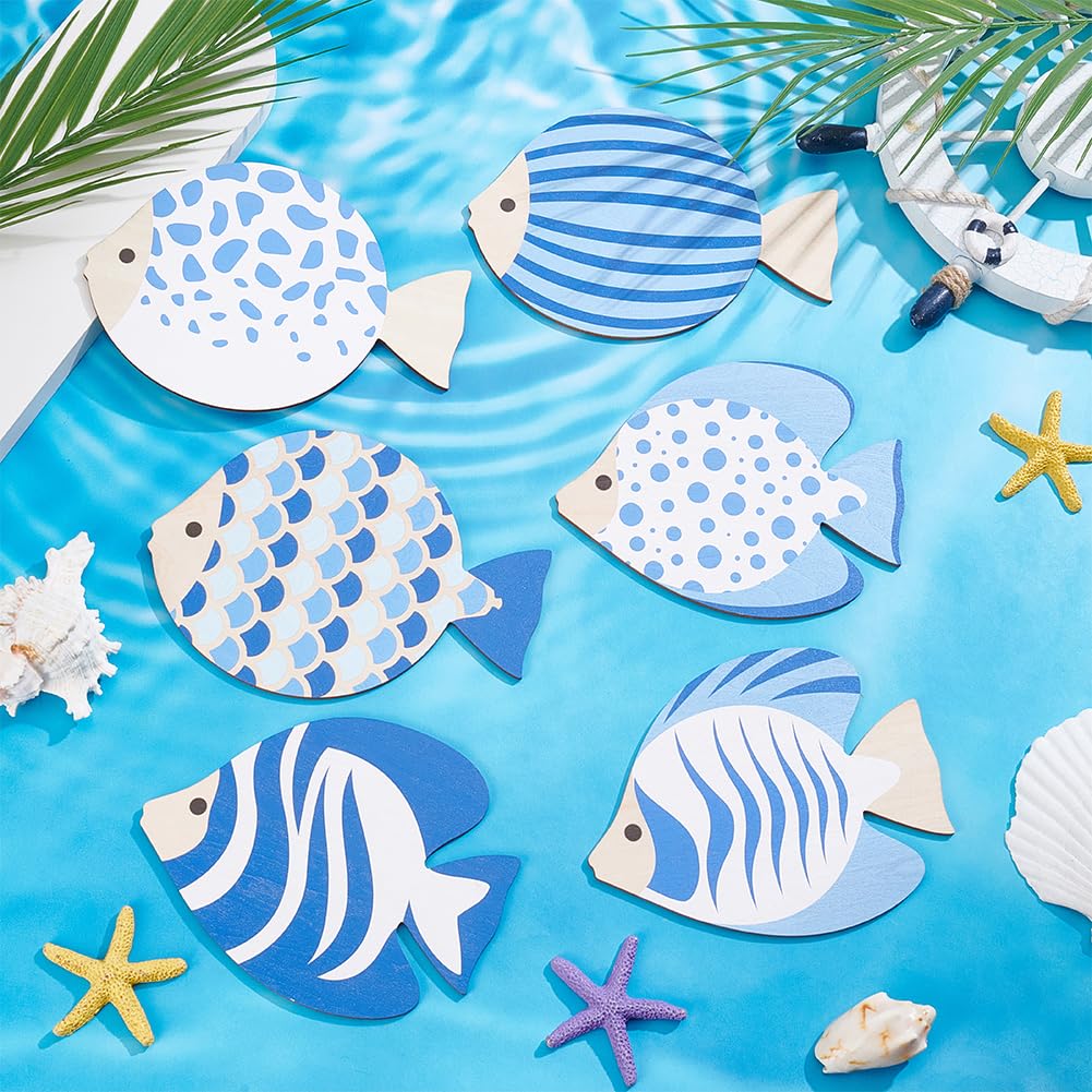 UNICRAFTALE 6 Pezzi Pesce di Legno Decorazione da Parete Spiaggia Arte della Costa Decorazione Nautica da Spiaggia Decorazione da Bagno Scultura da Parete Blu Scultura a Pesce da Appendere per Casa