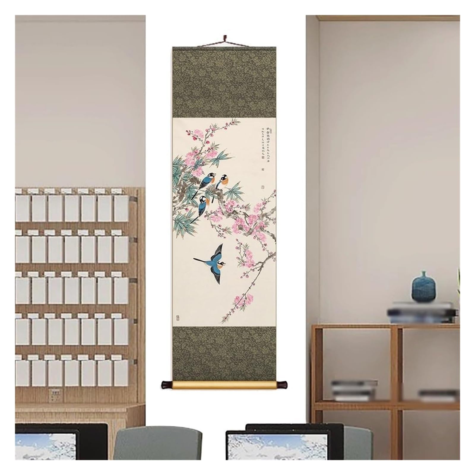 Chińskie malarstwo z motywem kwiatów i ptaków, elegancka orientalna dekoracja ścienna z jedwabiu na tło korytarza, gotowa do powieszenia na prezent(Retro C,50L x 158W cm)