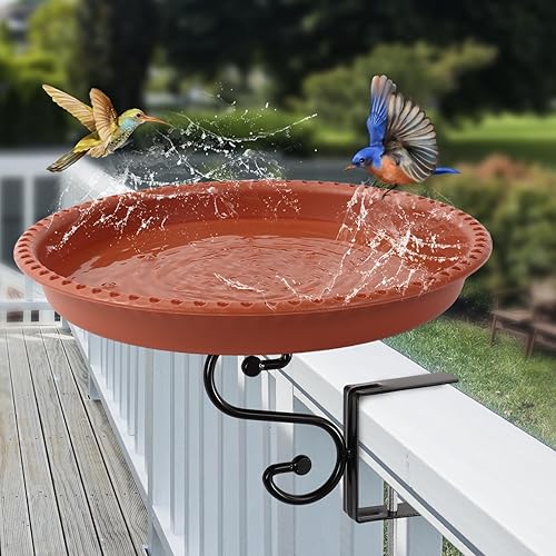 Ribgwo Baño para pájaros montado en la cubierta, ajustable, de metal, resistente a la intemperie, duradero, soporte para baño de pájaros para