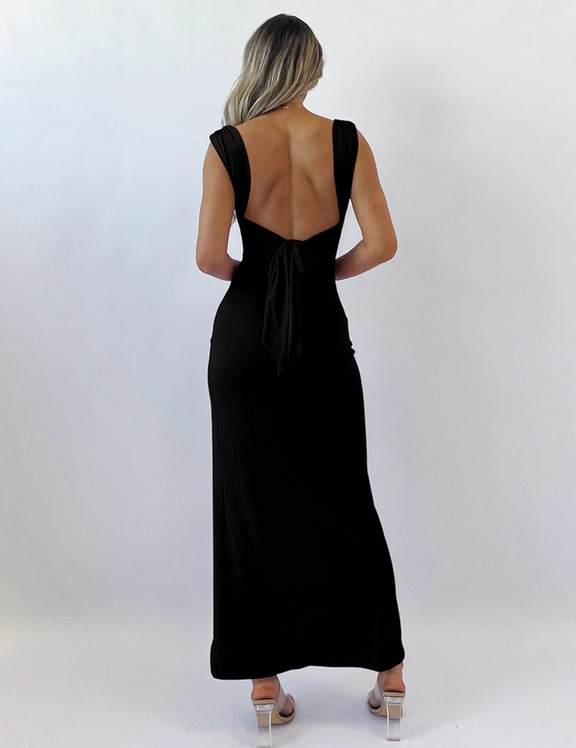 Womens Cowl Neck High Slit Backless Bodycon Dresses Sleeveless Bow Tie Slim Fit Club Party Maxi Dresses - Image 3