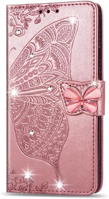 Lvnarery Samsung Galaxy A13 4G Case 3D Glitter Bling Sparkly Gems Butterfly Flip Case Stand PU Leather Wallet Phone Cases Card Slots Magnetic Silicone Bumper Shockproof Cover Rose gold
