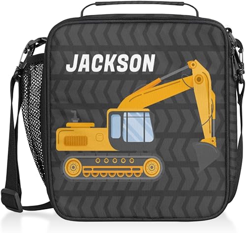 OMFUNS Bolsa de almuerzo reutilizable con nombre personalizado de camión excavadora para niños y adolescentes, caja de almuerzo aislada