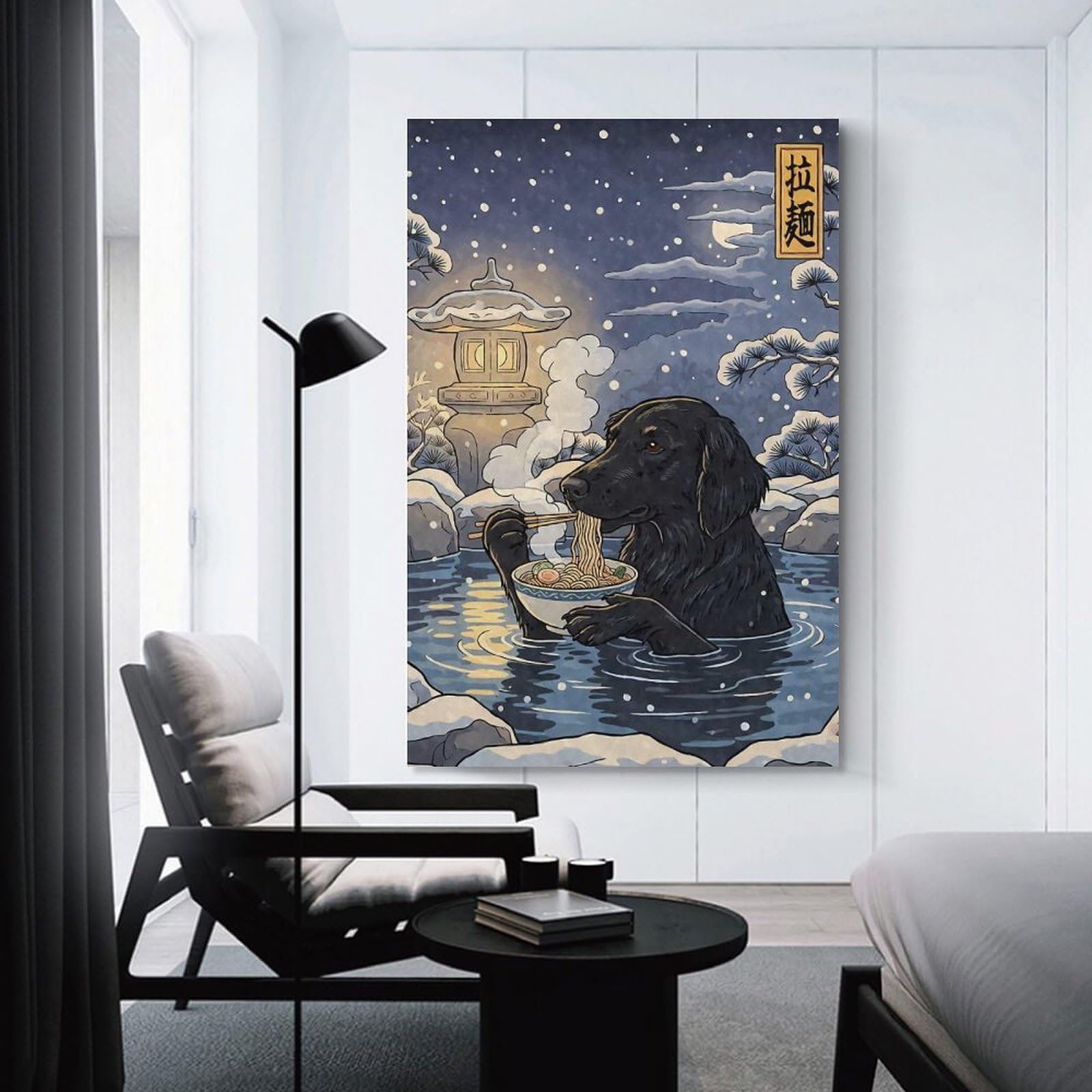 Junmoney Flat-coated Retriever Eating Ramen Decorative Wall Artwork, 08x12inch(20x30cm), for Home Lounge, Bedroom Or Reading Nook, Easy Decor for Gallery Walls