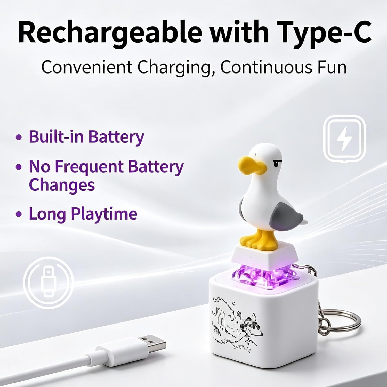 6 Pack Seagull Button Keychain Rechargeable Clicker Fidget Toy with LED Light, Portable Button Keychain with Sound Desk Stress Relief Toy for Adults Gifts (Type-C)
