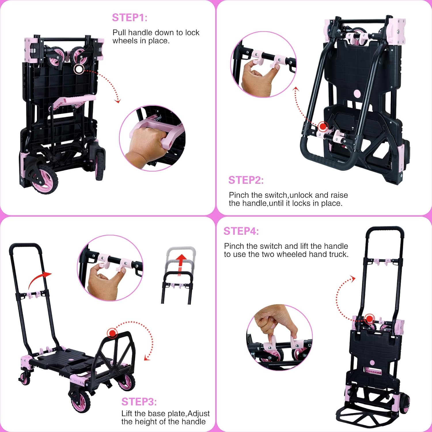 JJSMKCH 2 in 1 Folding Hand Truck,330LB Capacity Hand Truck Foldable,Dolly Cart with Wheels and 3-Speed Adjustable Handle,Portable Hand Cart,Collapsible Dolly for Moving (Pink)