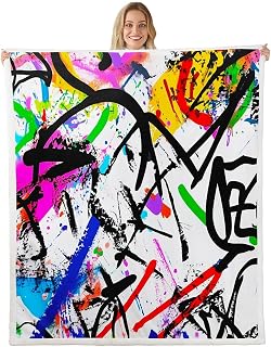 Abstract Graffiti Kids Plush Blanket,Colorful Hippie Hand Draw Bed Blanket Art Home Decor,White Black Blue Purple Painting Fuzzy Bed Throws for Office Chair, X Size (40 x 50 Inch)