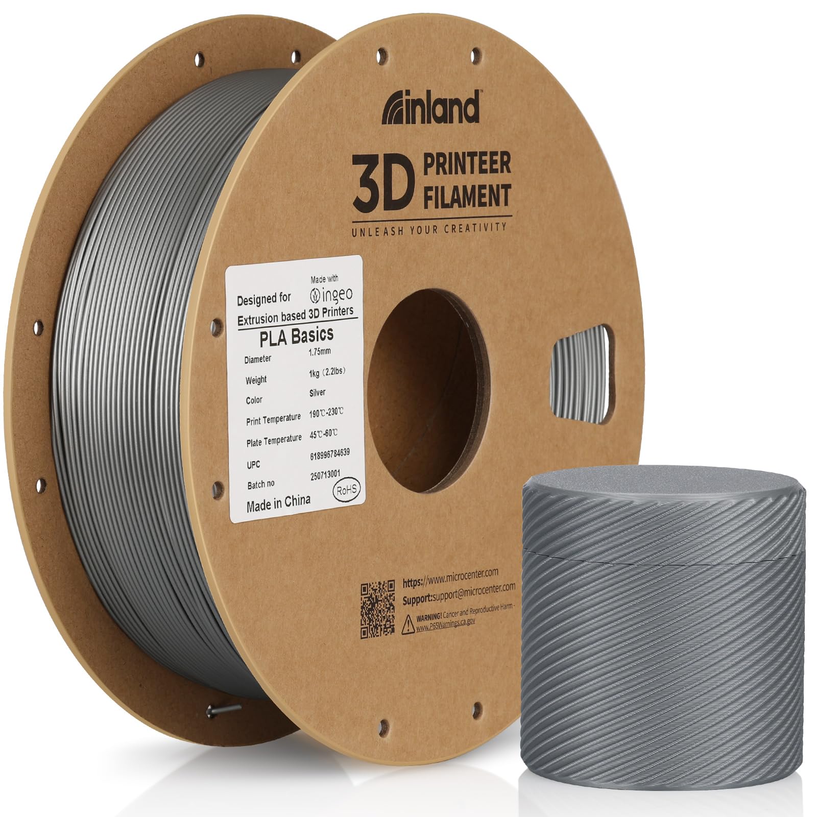 Inland PLA Basics Filament 1.75mm, 1kg Spool – Dimensional Accuracy ±0.02mm, Neatly Wound, Fits Most FDM 3D Printers (Silver, 1 Pack)