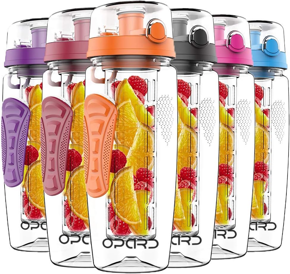 Opard Motivational Water Bottle with Fruit Infuser 1 Litre with Times to Drink Flip-Top Sports Lid 100% BPA Free Tritan with Full Length Infusion Rod(Orange)