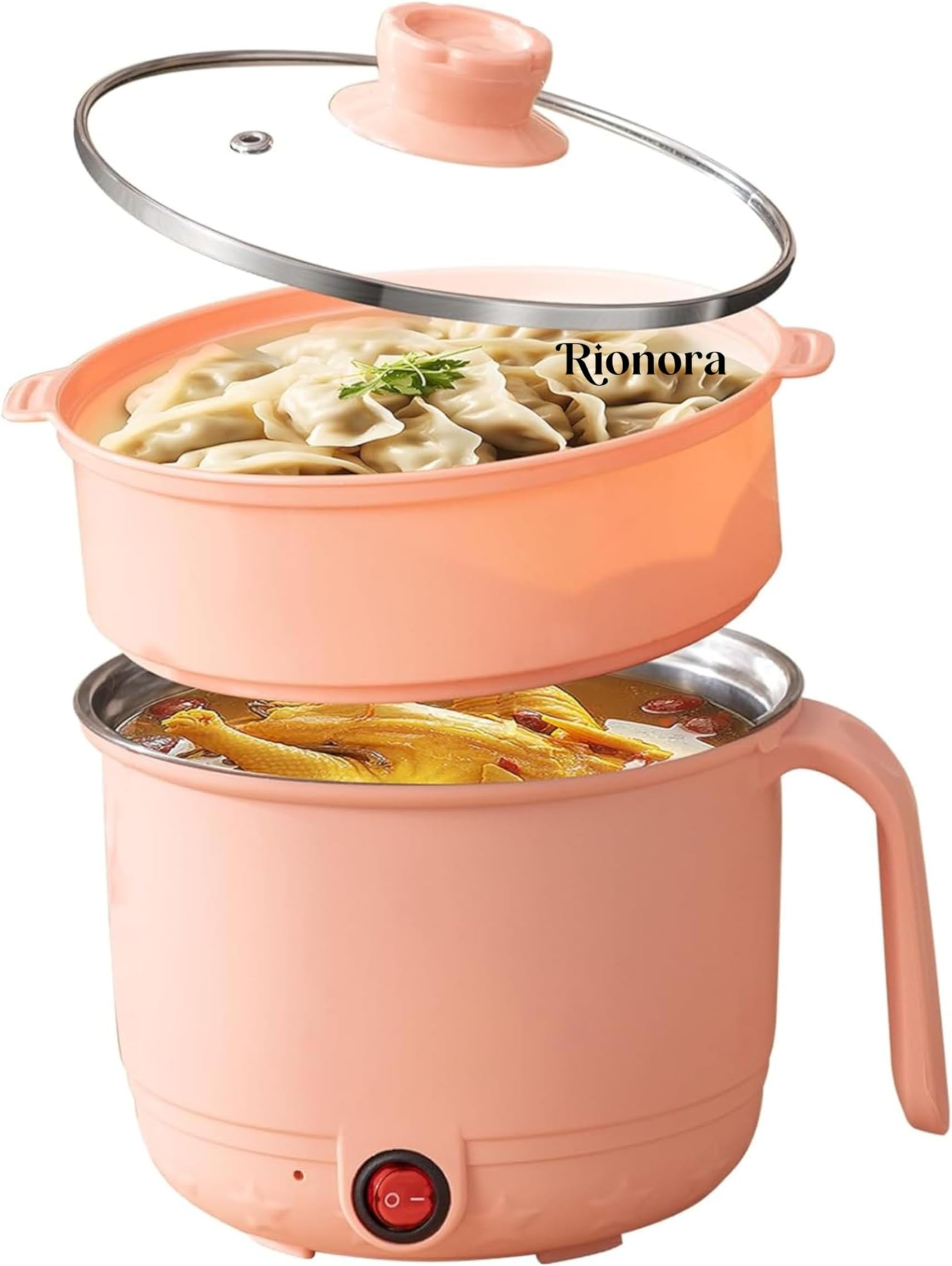 1.5L Electric Multipurpose Hot Pot with Steamer Insert, Stainless Steel Mini Cooker for Rice & Baby Meals, Portable Travel Cooking Kettle for Hostel, Boil, Steam, Fry & Soup (Peach)