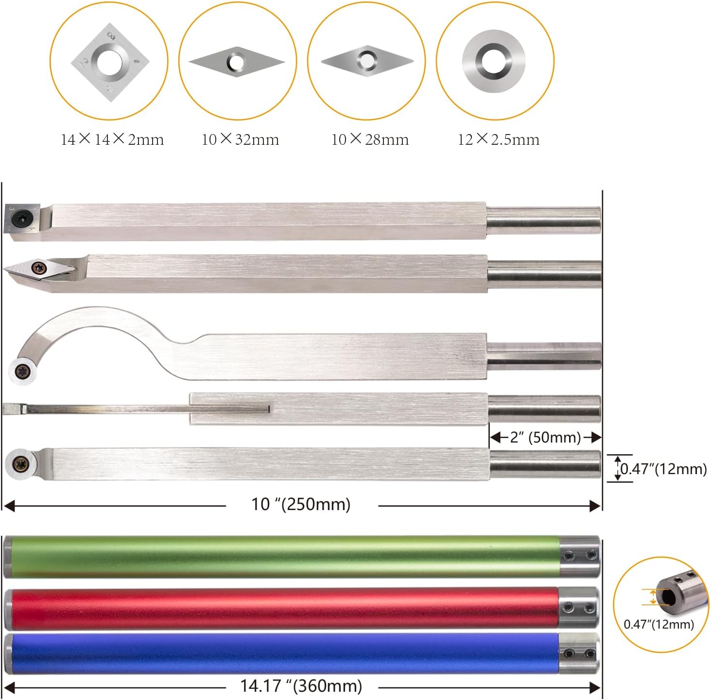 Carbide Tipped Woodturning Tools DW-9 Carbide Wood Lathe Tools 6pcs Hollower Rougher Detailer Finisher Sander Made of Stainless Steel and 3pcs aluminium alloy Handle and Carbide Cutters and Sandpapers