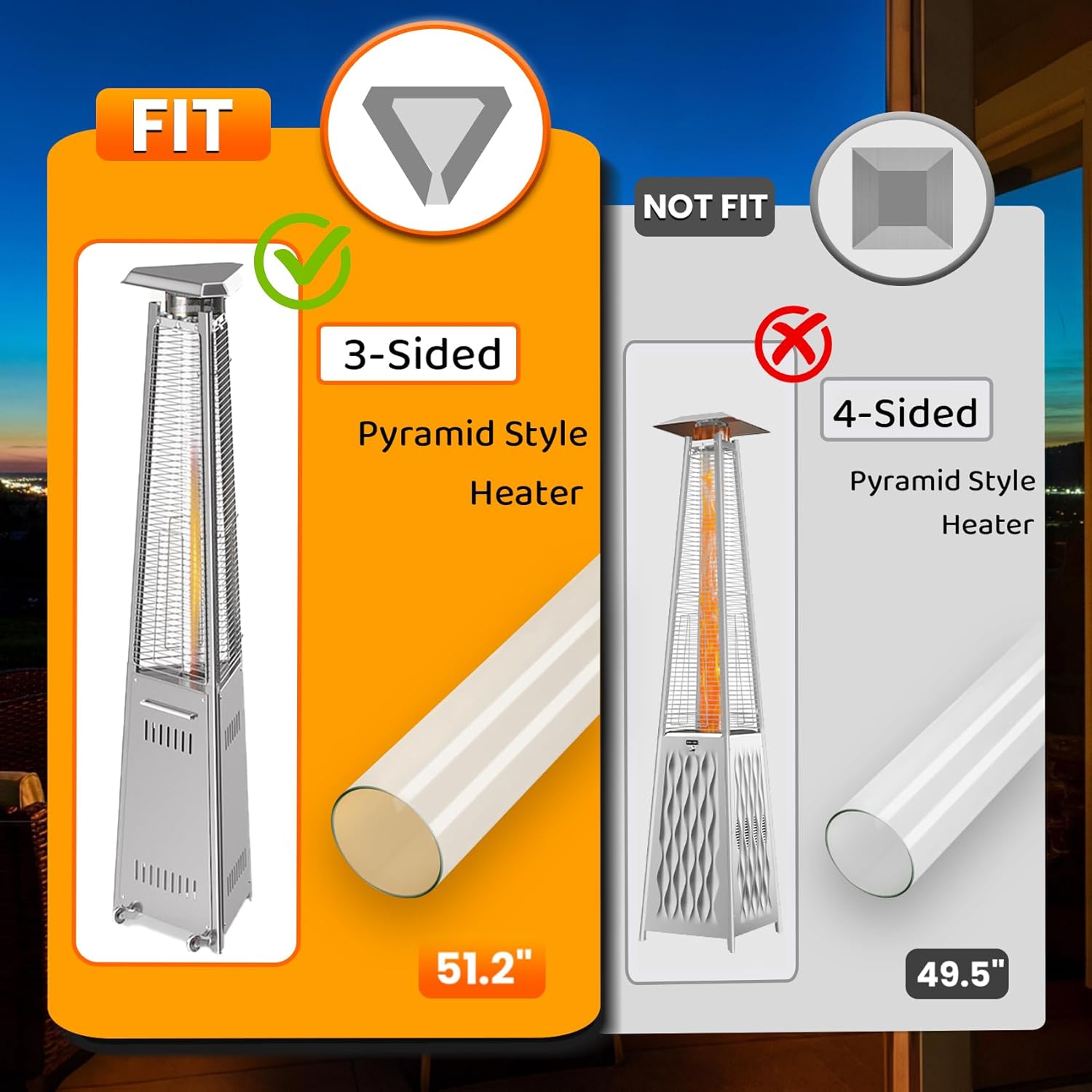 patio heater glass tube replacement 51.2" tall 4" diameter fit 3-sided commercial tall glass tube patio heater, fit for lava heat italia models lava 2g, lava lite, lava lite kd, capri, ferrara, lhi 1 51.2 in