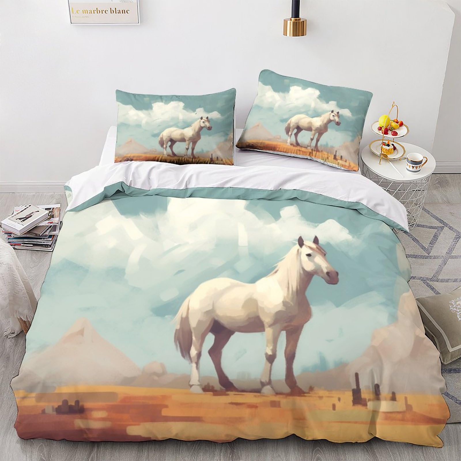 Housse de couette cheval blanc 3D 220x240 cm avec taies